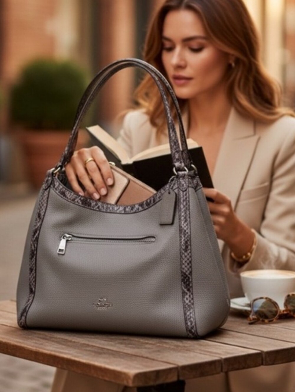 Coach Kristy Gray & Snake Shoulder Bag Pebbled Leather